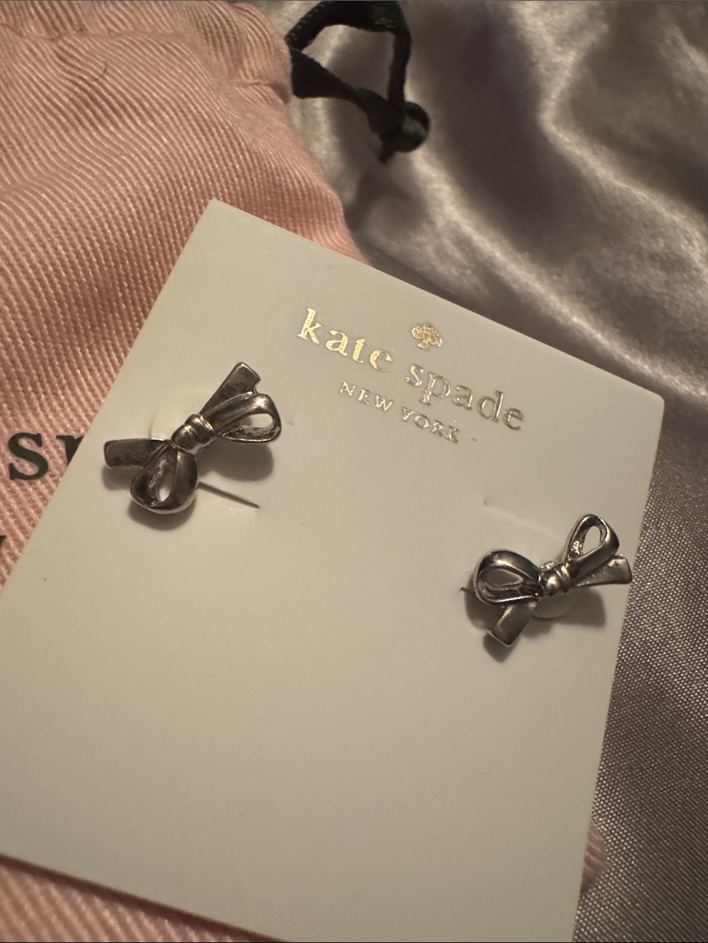 New Kate Spade Skinny Mini Bow Stud Earrings Silver with Dust Bag
